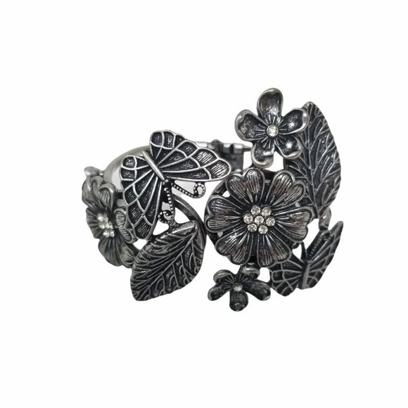 ANTIQUED SILVER LIKE FLOWERS BUTTERFLIES BRACELET - Picture 1 of 11